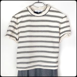 ST. JOHN Gold & Navy Striped Mock Turtleneck Short Sleeve Knit Top Size: 12